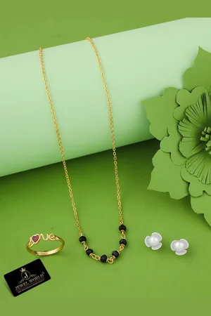 JEWEL WORLD Set Of 3 Gold-Plated Stone Studded & Beaded Mangalsutra & Earring With Ring