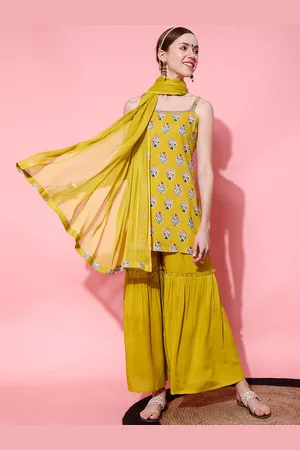 indo street Sleeveless Ethnic Motifs Printed Gotta Patti Kurti with Sharara & Dupatta