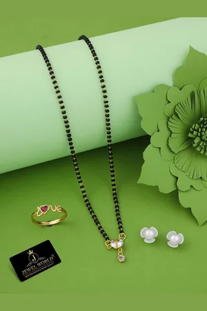 JEWEL WORLD Set Of 3 Gold-Plated Stone Studded & Beaded Mangalsutra & Earring With Ring