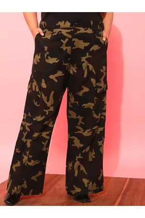 CURVY STREET Women Plus Size Olive Green Printed Relaxed Straight Leg Pure Cotton Trousers