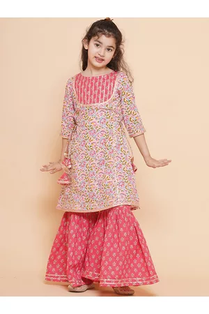 Bhama Girls Printed Gotta Patti Pure Cotton Kurta With Sharara
