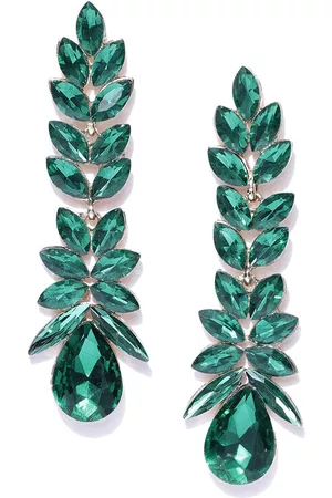 DressBerry Gold-Plated & Green Stone-Studded Contemporary Drop Earrings