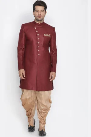 Vastramay Mandarin Collar Jute Cotton Slim-Fit Sherwani Set