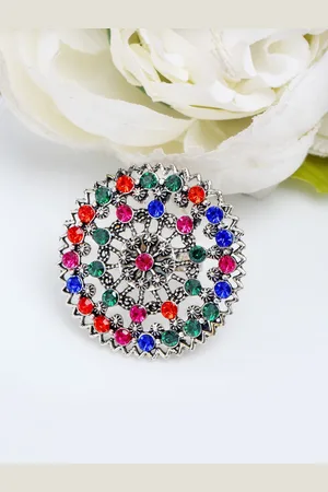 Sangria Silver-Plated & Red Stone Studded Adjustable Finger Ring