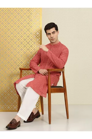House of Pataudi Men Ethnic Pyjamas - Men Ethnic Motifs Embroidered Sequinned Jashn Kurta with Pyjamas