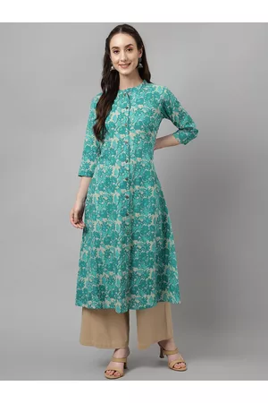 FIORRA Mandarin Collar Thread Work Floral Printed Pure Cotton Straight Kurta