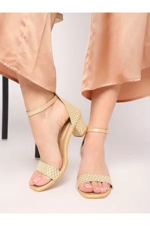 Marc Loire Embellished Woven Design Open Toe Block Heels With Ankle Loop