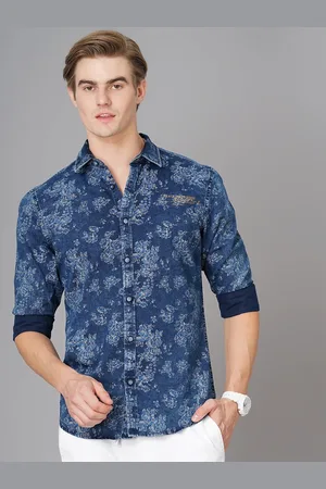 BRITISH CLUB Smart Slim Fit Floral Printed Denim Casual Shirt