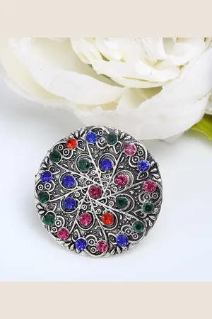 Sangria Silver-Plated & Red Stone Studded Finger Ring