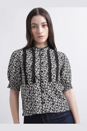 CENTRESTAGE Floral Printed Mandarin Collar Puff Sleeve Shirt Style Top