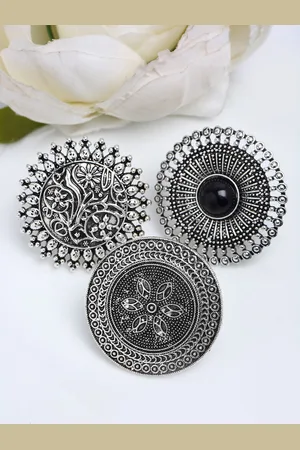 Anouk Set Of 3 Silver-Plated & Black Oxidised Stone-Studded Rings