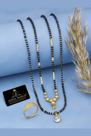 JEWEL WORLD Set Of 3 Gold-Plated Stone Studded & Beaded Mangalsutra With Ring