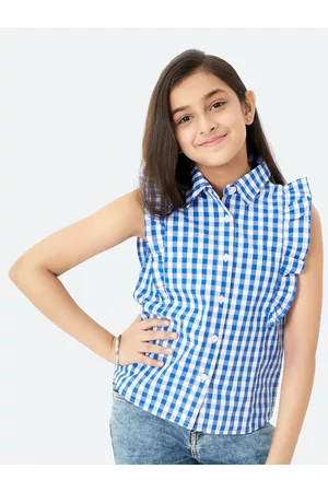 OLELÉ Girl Regina Contemporary Fit Gingham Checked Ruffles Detail Twill Weave Casual Shirt