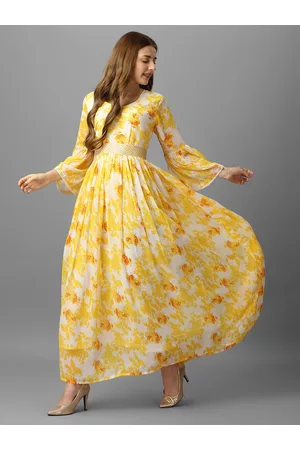 ASPORA Yellow Floral Print Tie-Up Neck Bell Sleeve Georgette Maxi Dress