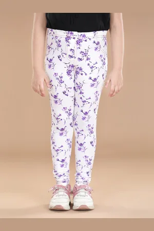 StyleStone Girls Purple & White Floral Printed Cotton Jeggings