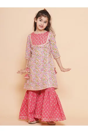 Bhama Girls Floral Printed Regular Gotta Patti Pure Cotton Kurta With Sharara
