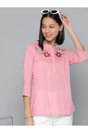 HERE&NOW Women Floral Tops - Floral Embroidered Mandarin Collar Top