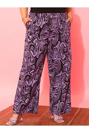 CURVY STREET Women Plus Size Lavender Printed Relaxed Straight Leg Pure Cotton Trousers