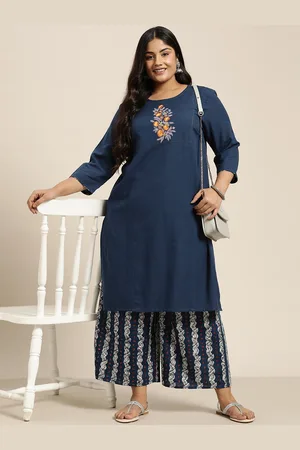 Sztori Plus Size Floral Embroidered Cotton Kurta with Printed Palazzos