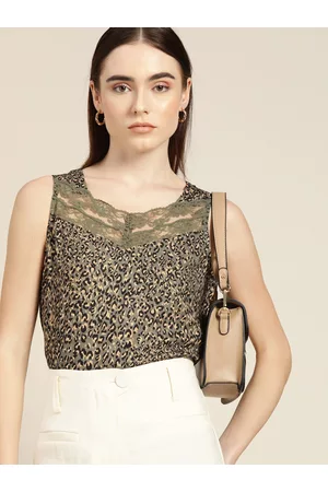 Invictus Women Olive Green & Black Animal Print Top With Lace Inserts Detail