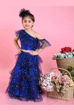 SAKA DESIGNS Girls Navy Blue & Gold-Toned Embellished Ready to Wear Lehenga &