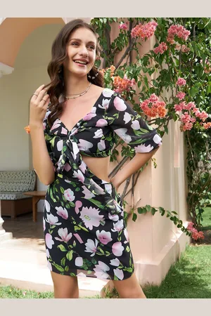 ATHENA Black Floral Printed Top With Skirts Co-Ords
