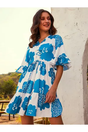 ATHENA Floral Print Bell Sleeve A-Line Dress