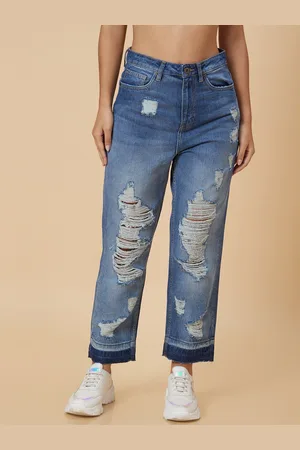 Globus Women Blue Boyfriend Fit Highly Distressed Heavy Fade Cotton Jeans