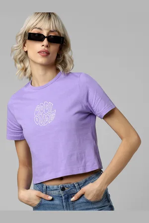 ONLY Women Purple & White Typography Printed Crop T-shirt
