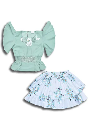 Wish Karo Girls Embellished Flutter Sleeves Smocked Top with Skirt