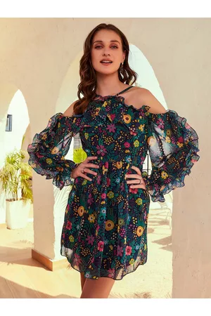 ATHENA Navy Blue Floral Printed Cold-Shoulder Ruffled Georgette Fit & Flare Dress