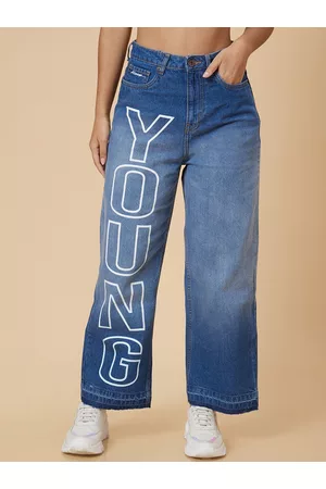 Globus Women Blue & Women Mid -Rise Printed Boyfriend Fit Light Fade Pure Cotton Jeans