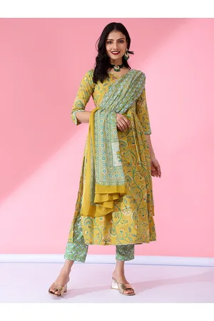 Bani Women Floral Printed A-Line Pure Cotton Kurta with Trousers & Dupatta