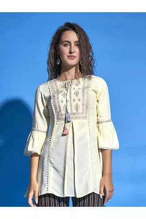 Sangria Off White Floral Embroidered Tie-Up Neck Bell Sleeves Top