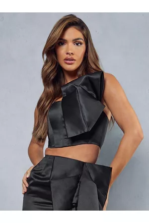 MissPap Off-Shoulder Bow Detail Satin Crop Top