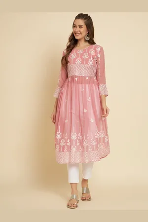 HERE&NOW Mauve & White Ethnic Motifs Chikankari Embroidered Anarkali Georgette Kurta