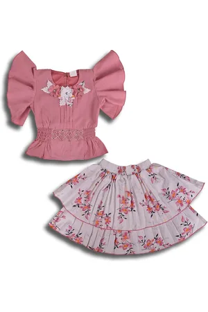 Wish Karo Girls Embellished Flutter Sleeves Smocked Top with Skirt