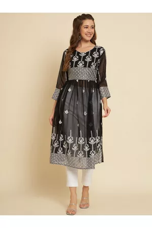HERE&NOW Black & White Ethnic Motifs Chikankari Embroidered Anarkali Georgette Kurta