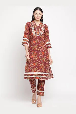 BE INDI Floral Printed Thread Work Pure Cotton A-line Kurta With Trousers
