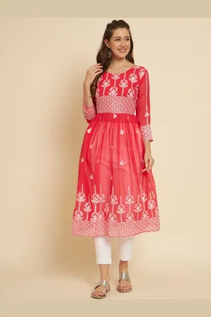 HERE&NOW Pink & White Ethnic Motifs Chikankari Embroidered Anarkali Georgette Kurta