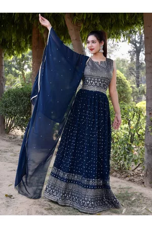 Chhabra 555 Navy Blue Foil Printed Flared Embellished Gown With Dupatta