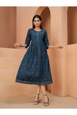 Sangria Geometric Printed Cotton A-line Ethnic Dress