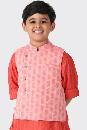 Fabindia Boys Pink Printed Cotton Nehru Jacket