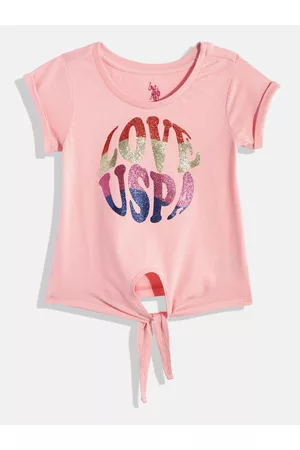 Ralph Lauren Girls Peach-Coloured Brand Logo Printed Pure Cotton Knotted T-shirt