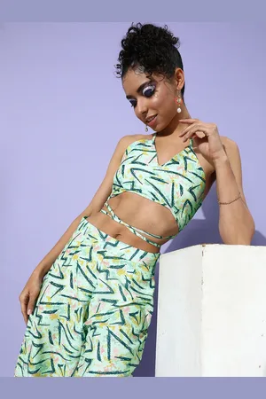 DressBerry Abstract Printed Smocked Crop Top With Printed Trouser