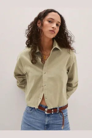 MANGO Women Cotton Linen Cropped Casual Shirt