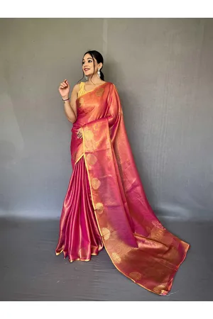Mitera Pink & Gold-Toned Woven Design Zari Tissue Saree