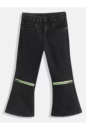 HERE&NOW Girls Wide Leg Mid-Rise Light Fade Stretchable Jeans With Zip Detail