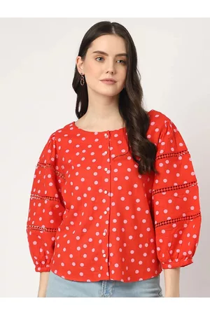 Marks & Spencer Polka Dots Printed Puff Sleeves Lace inserts Shirt Style Top