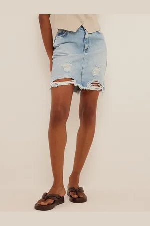 NA-KD Pure Cotton Distressed Denim Straight Skirt